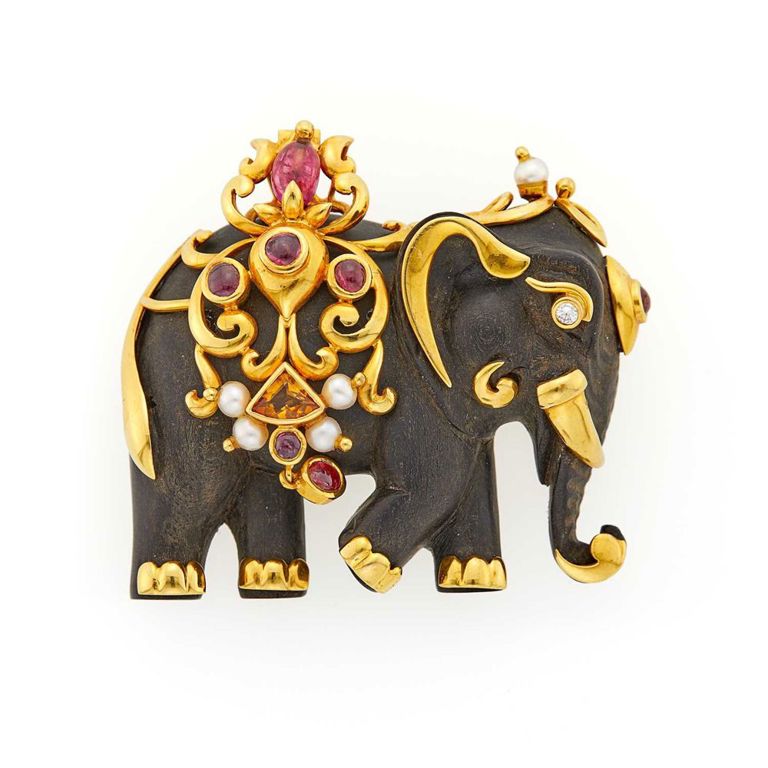 18k gold ebony pearl ruby citrine diamond brooch