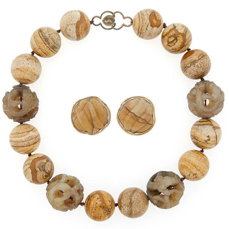 Agate and jade necklace with gold earclips