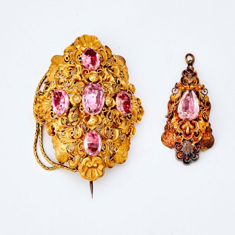 Georgian 14k gold paste brooch and pendant set