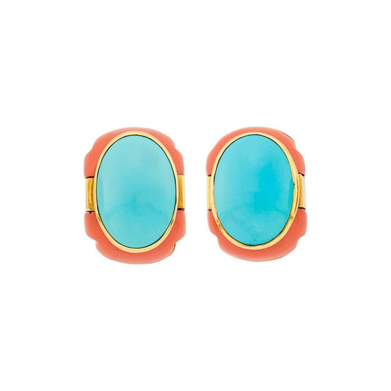 14k gold Seaman Schepps turquoise and coral earclips