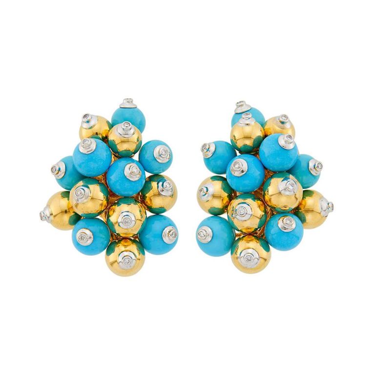 18k gold turquoise and diamond cluster earclips