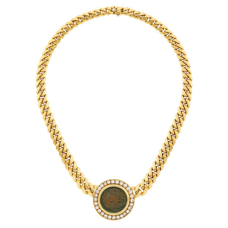 18k gold bronze coin and diamond curb link chain necklace