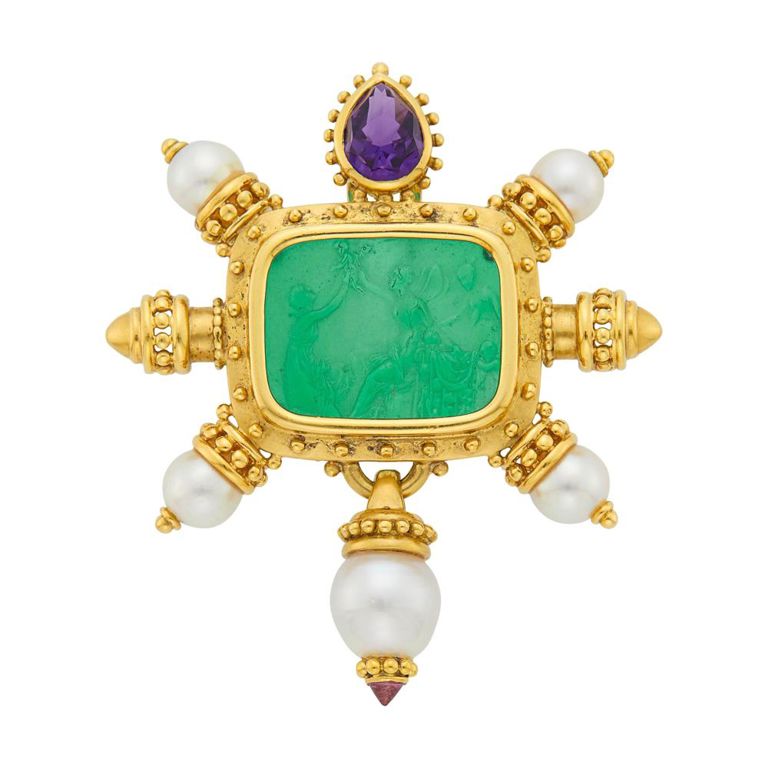 18k gold cameo and gemstone clip-brooch
