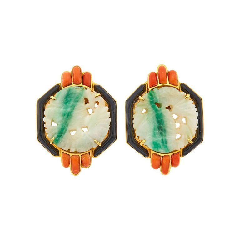 18k gold jade, coral and enamel earclips