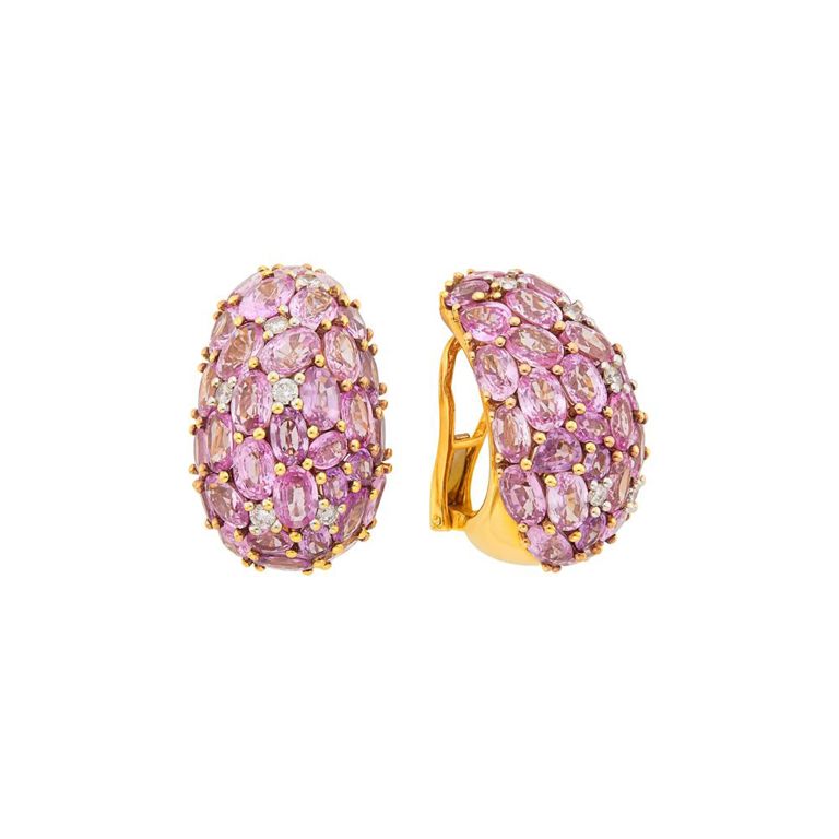 18k gold pink sapphire and diamond earclips