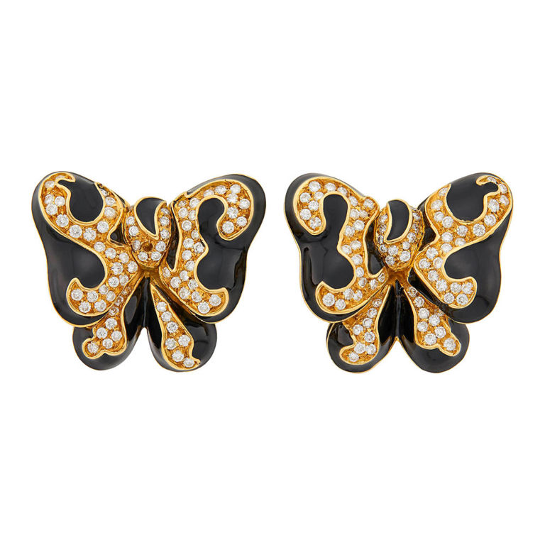 Gold and enamel diamond earrings