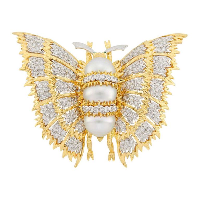 18k gold pearl and diamond moth brooch