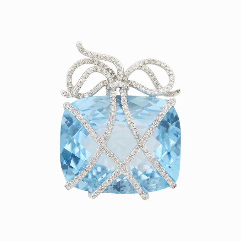 18k white gold blue topaz diamond bow brooch