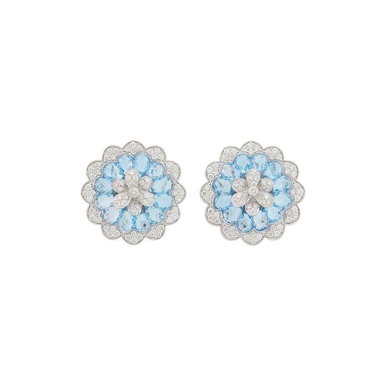 18k white gold blue topaz diamond flower earrings