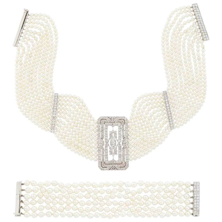 Platinum and white gold pearl jewelry set