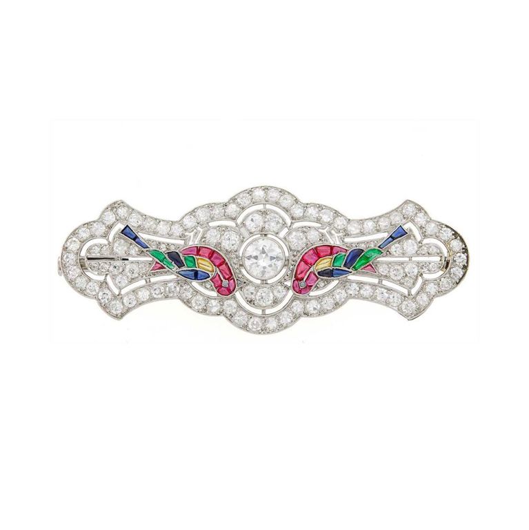 Platinum diamond cabochon gem-set bird brooch