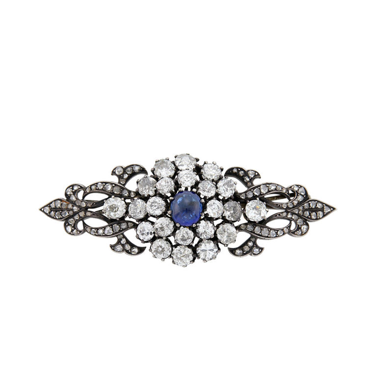 Silver gold sapphire diamond brooch