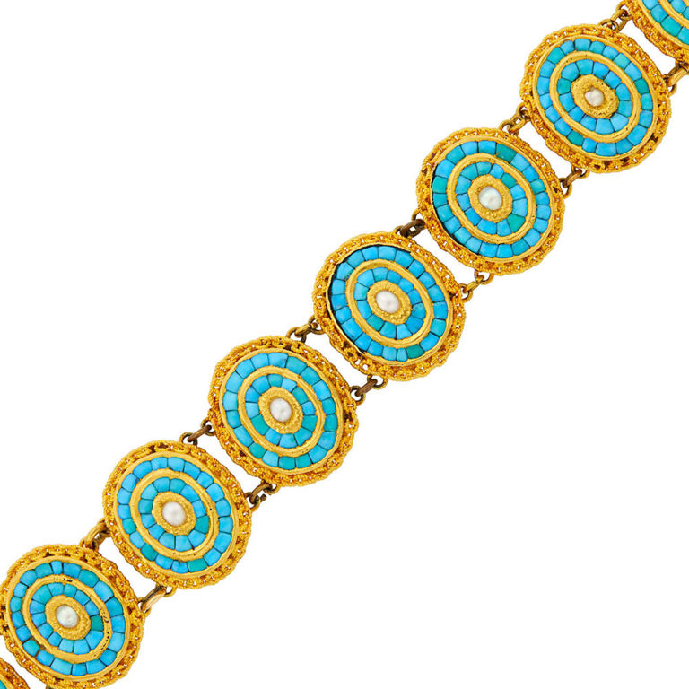 Antique 18k gold turquoise split pearl bracelet