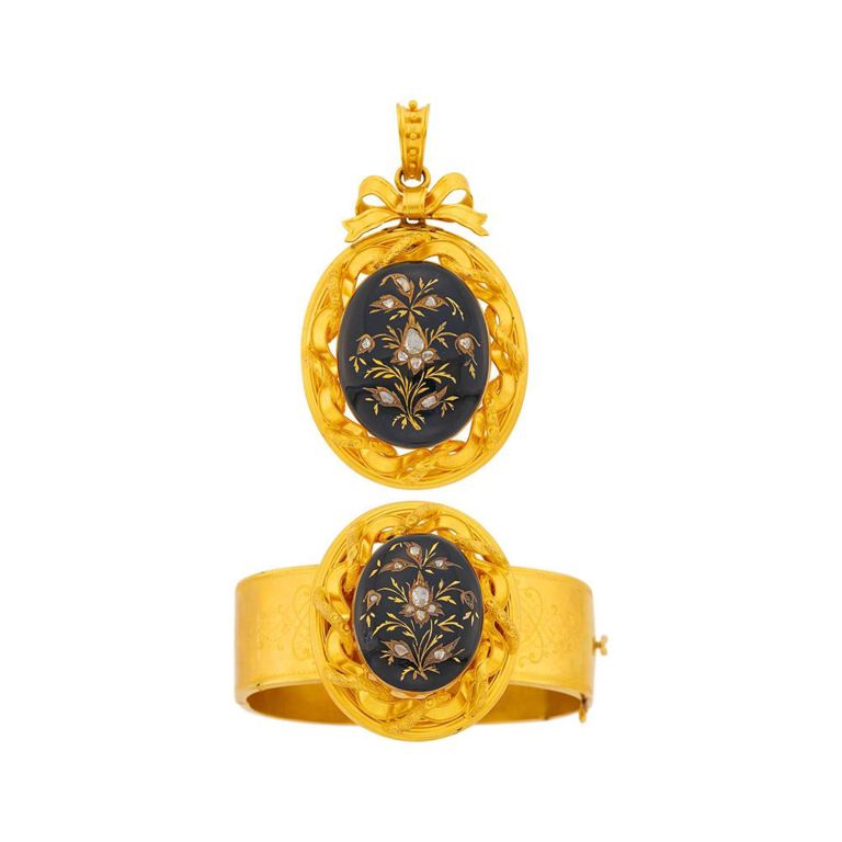 Antique gold silver enamel diamond bangle bracelet and pendant