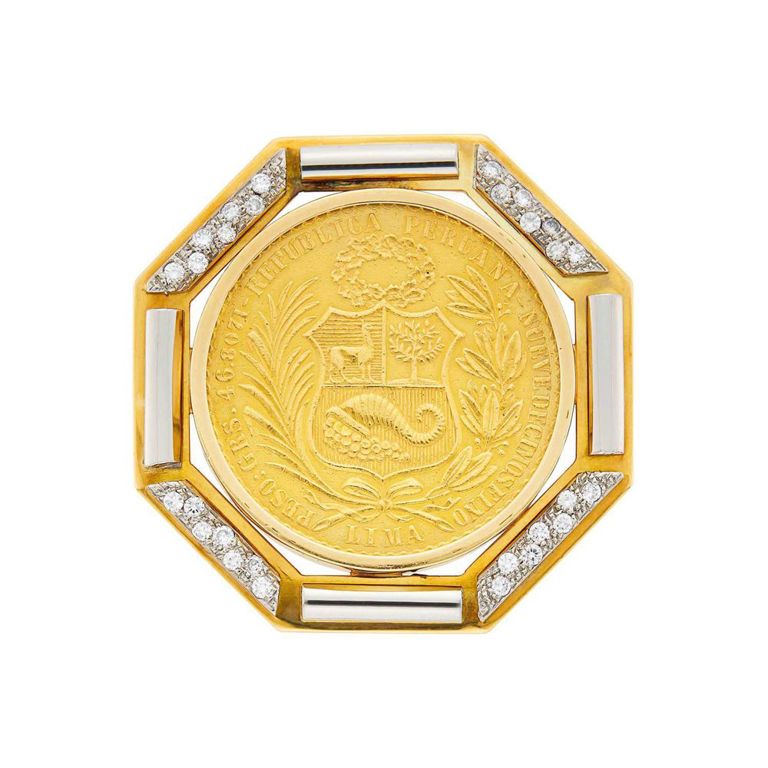 14k two-color gold coin diamond pendant