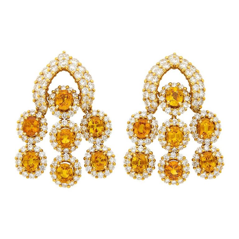 18k gold orange sapphire diamond pendant earclips