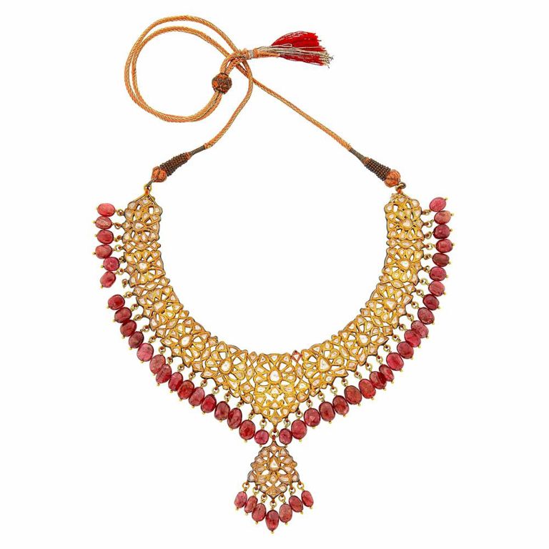 Indian gold diamond ruby enamel fringe pendant necklace