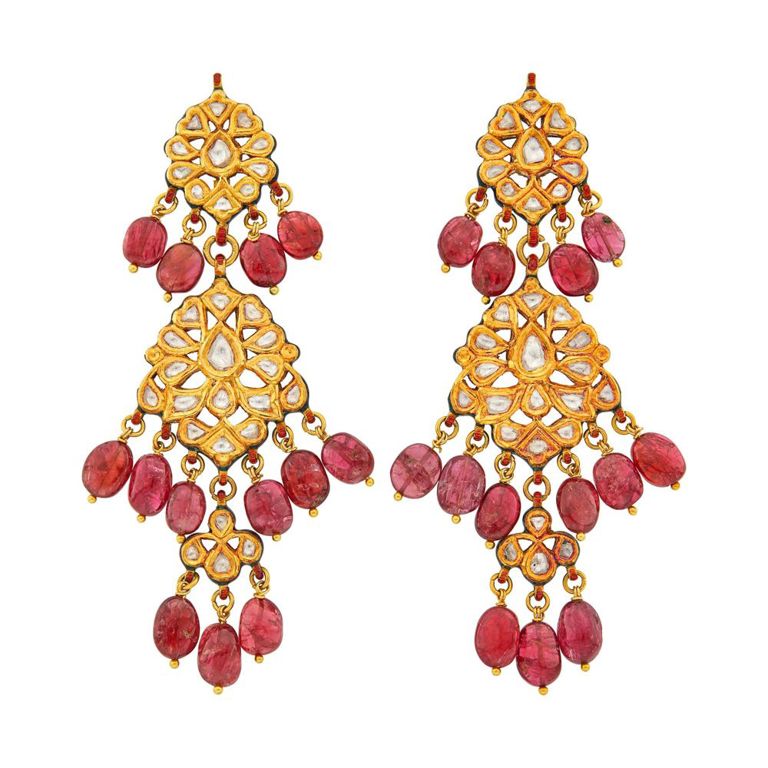 18k gold diamond ruby enamel pendant earrings