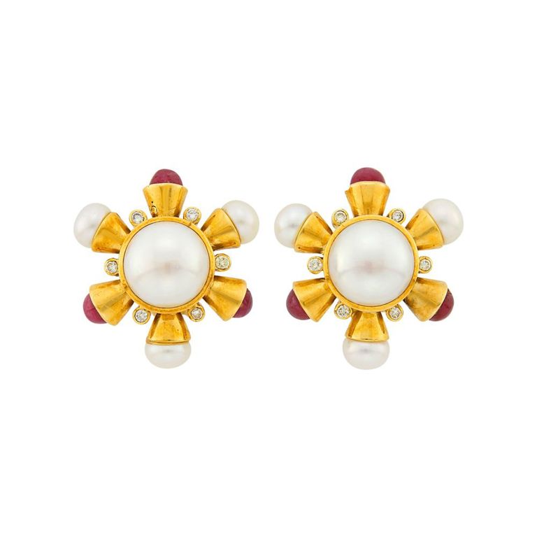 18k gold mabé pearl ruby diamond earclips