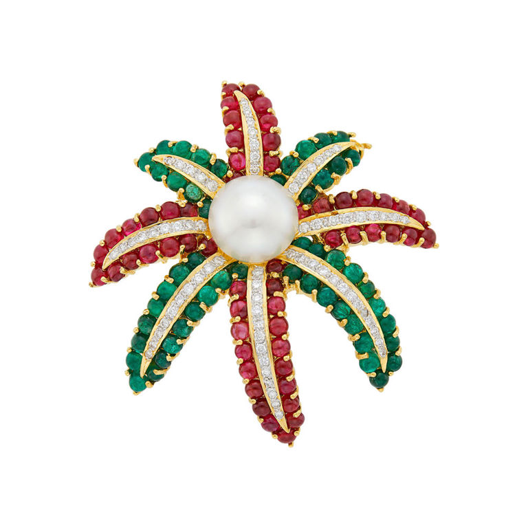 18k gold pearl ruby emerald diamond brooch