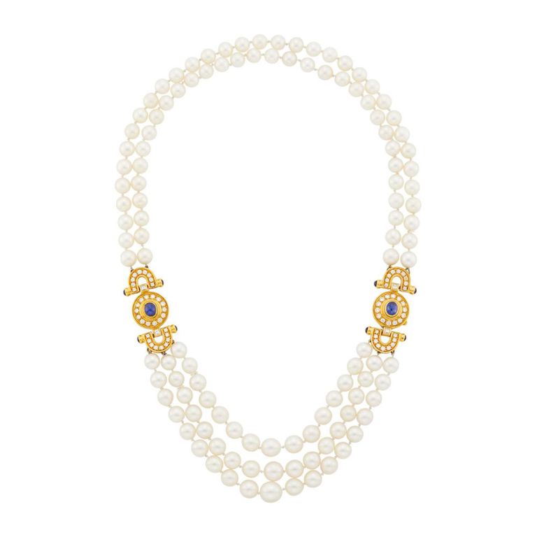 Multistrand cultured pearl gold sapphire diamond necklace