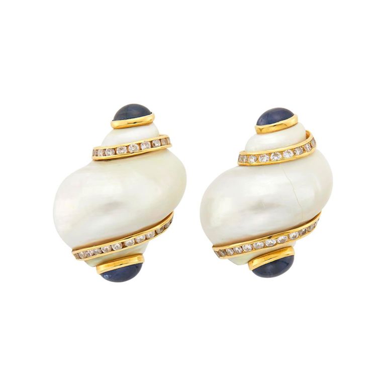 18k gold shell sapphire diamond earclips