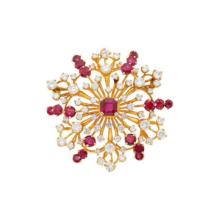Gold-plated platinum ruby diamond brooch