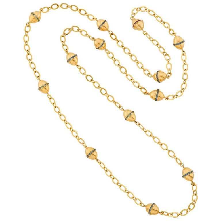 18k gold green sapphire ruby bead chain necklace