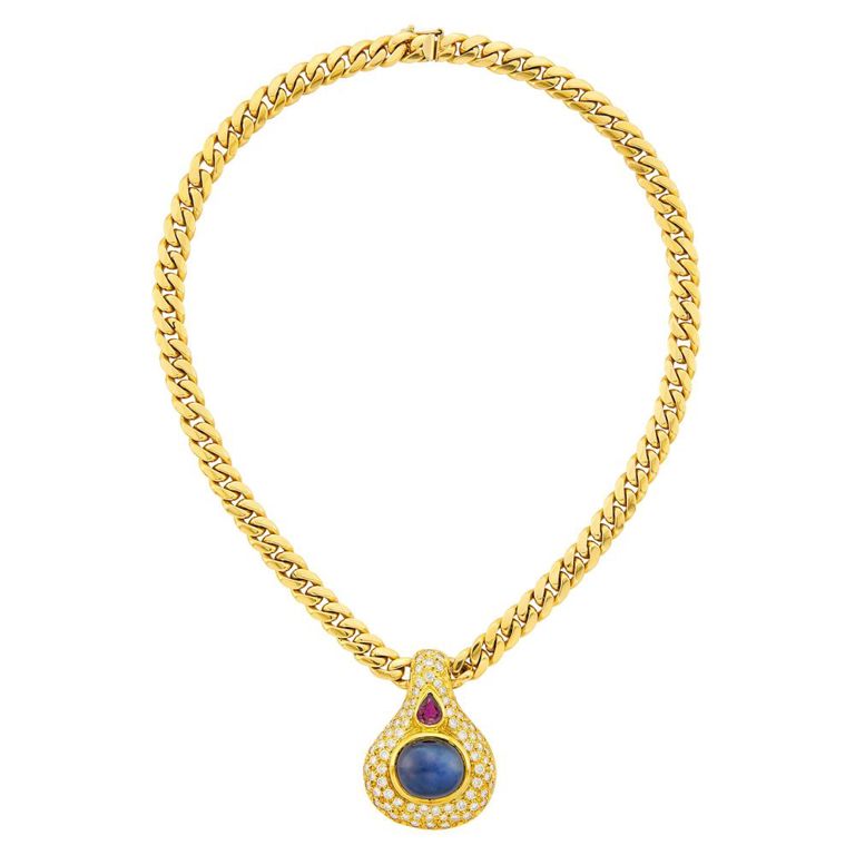 18k gold sapphire ruby diamond curb link necklace