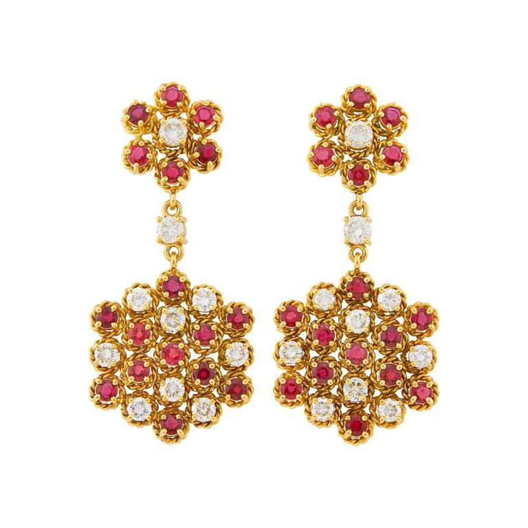 14k gold ruby diamond pendant earrings