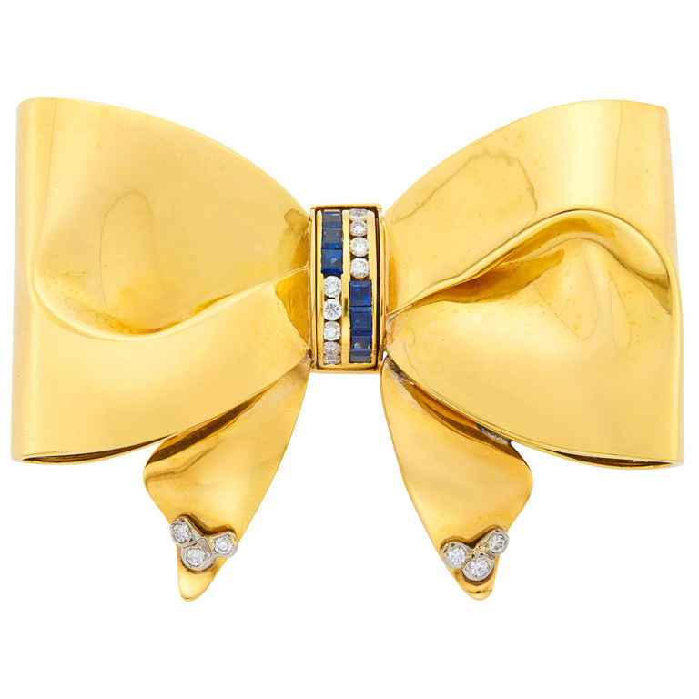 18k gold sapphire diamond bow pendant brooch