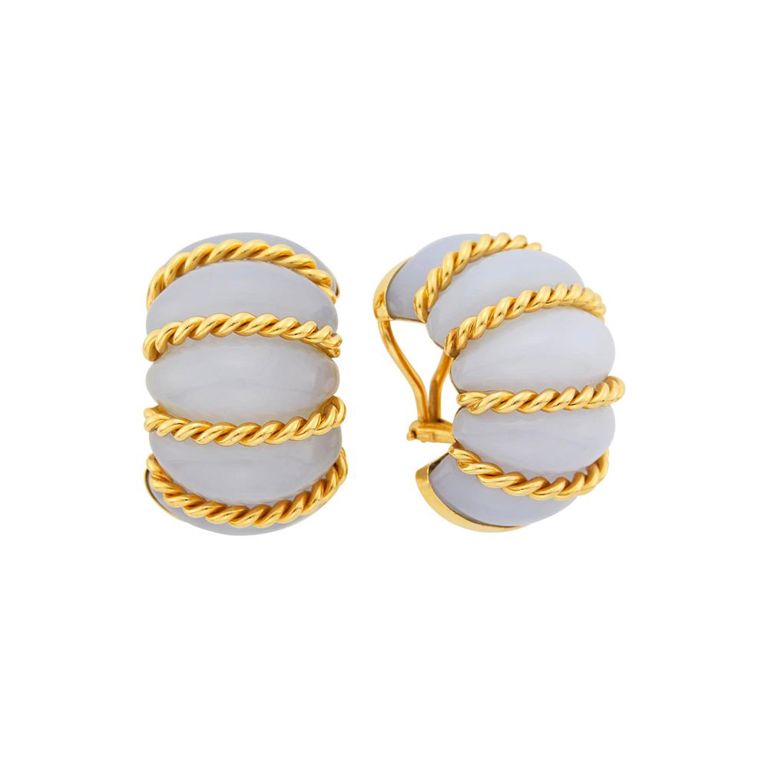 18k gold blue chalcedony shrimp earclips