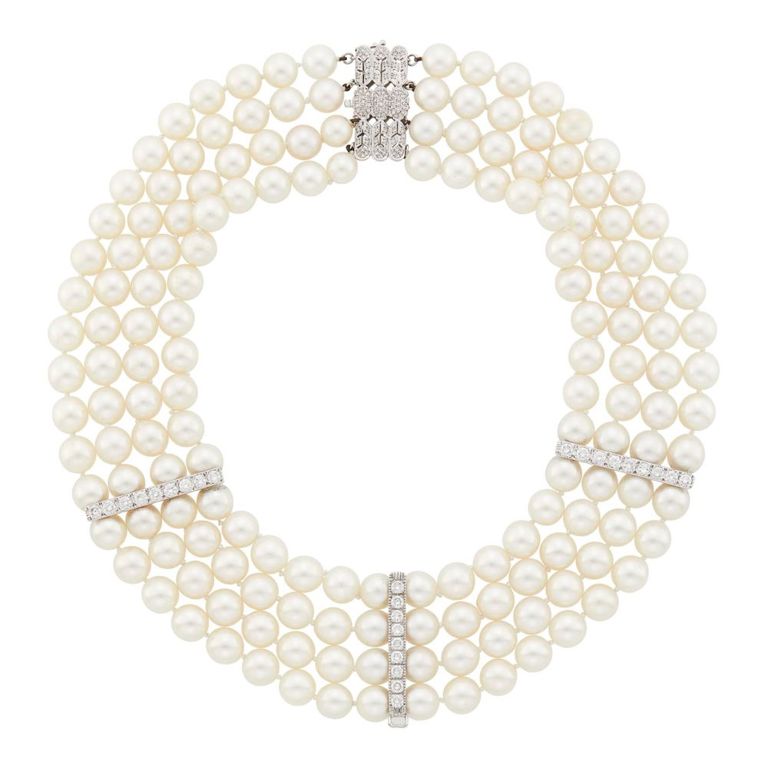 Four strand cultured pearl white gold diamond necklace