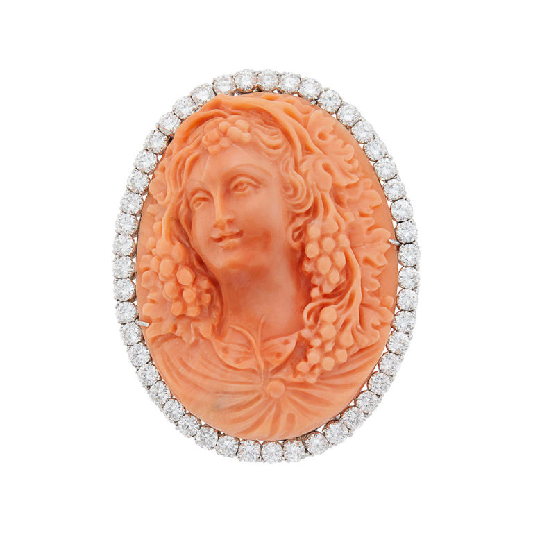 Platinum carved coral diamond clip brooch