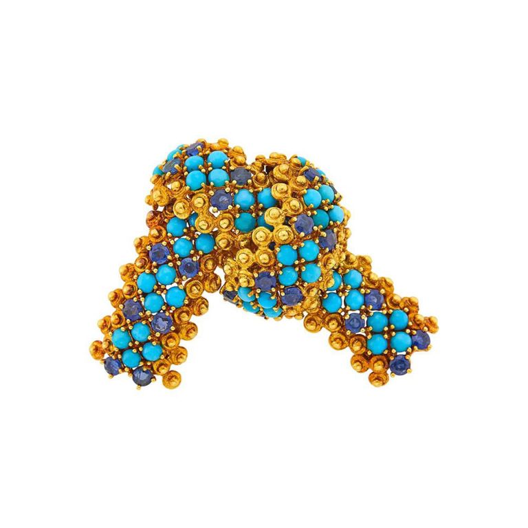 18k gold turquoise sapphire ribbon brooch