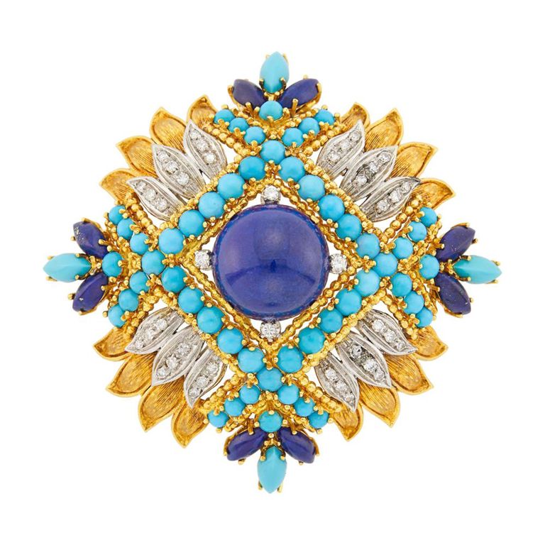 18k two-color gold lapis turquoise diamond clip brooch