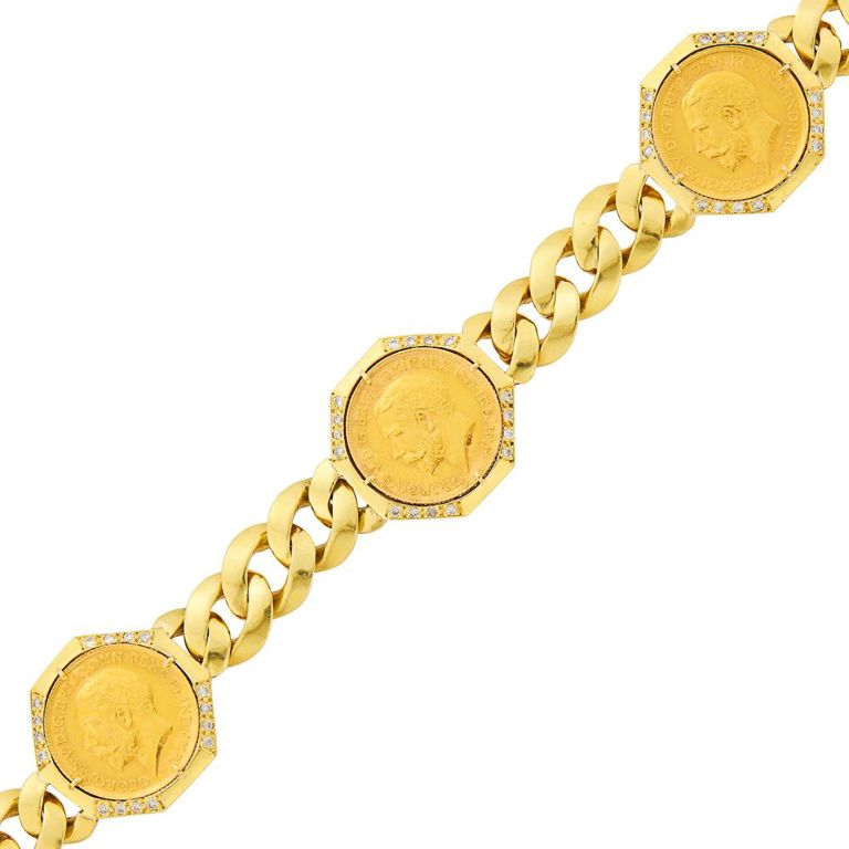 18k gold coin diamond curb link bracelet