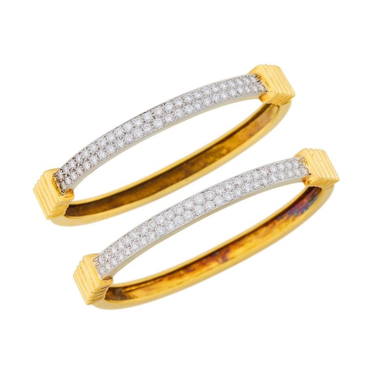 Pair of 18k two-color gold diamond bangle bracelets