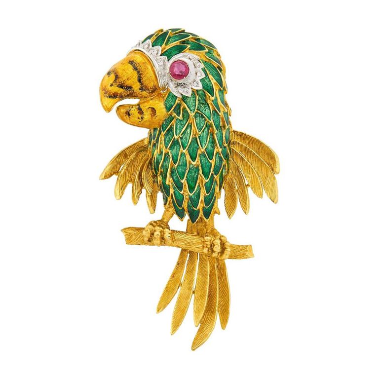 18k two-color gold enamel ruby diamond parrot clip brooch