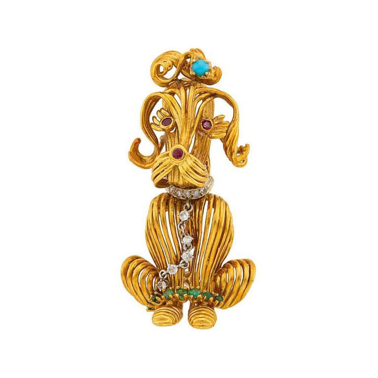 18k two-color gold gem-set poodle brooch