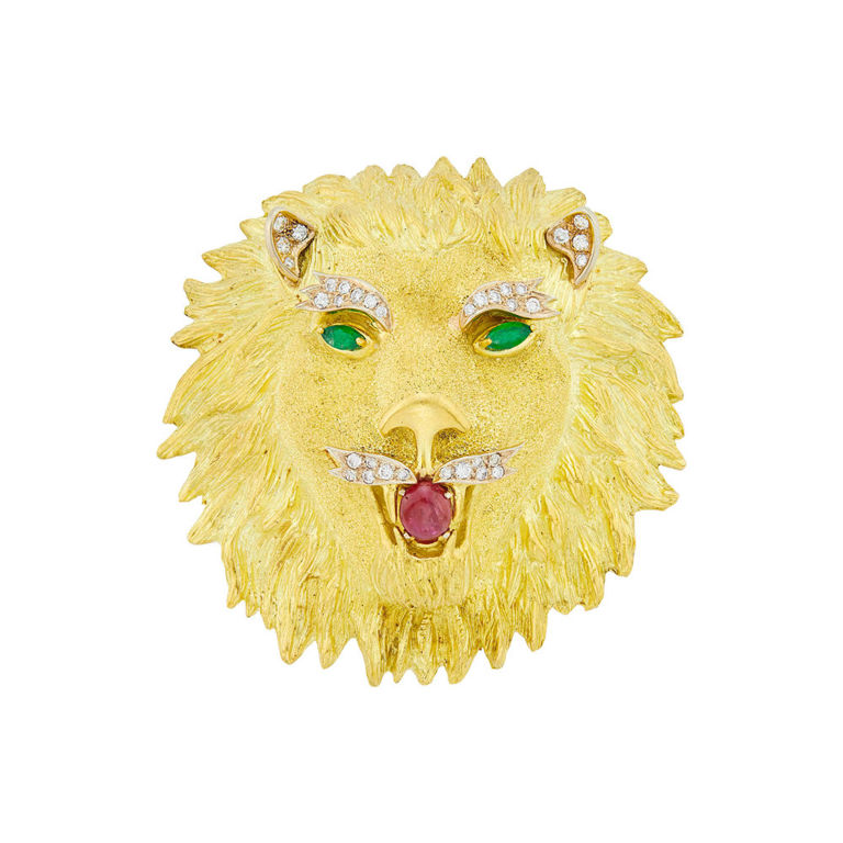 18k gold ruby emerald diamond lion's head clip brooch
