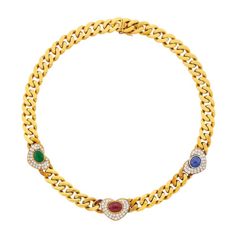 18k two-color gold colored stone diamond curb link necklace