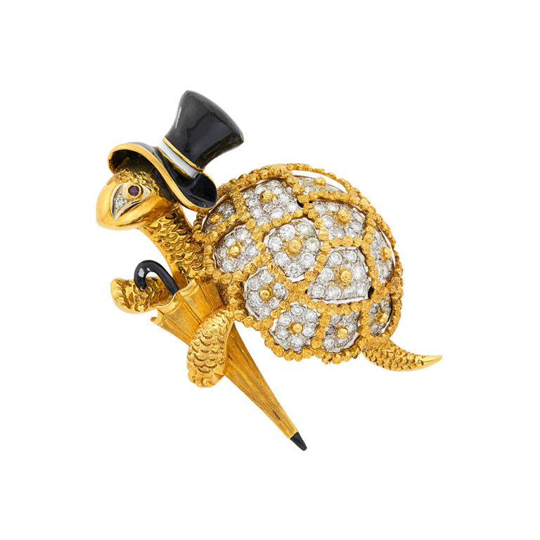 Yellow gold and enamel diamond brooch