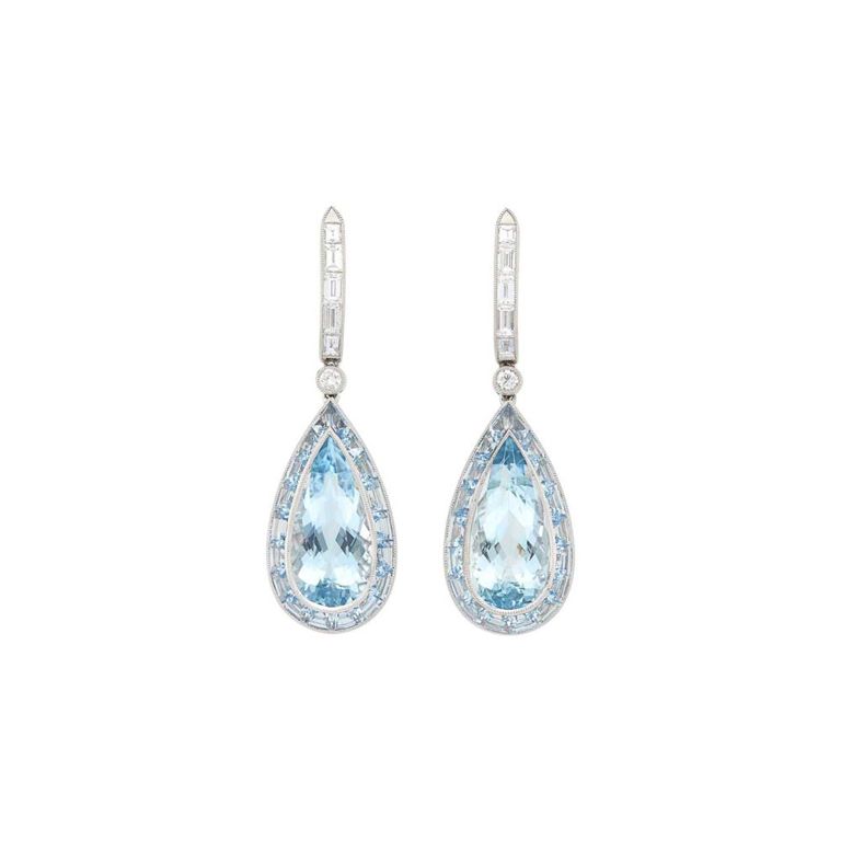 Pair of platinum, aquamarine and diamond pendant-earrings