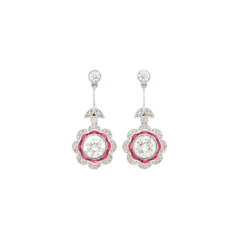 Pair of platinum, diamond and ruby pendant-earrings