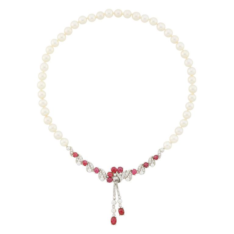 Зlatinum, pearl, ruby and diamond necklace