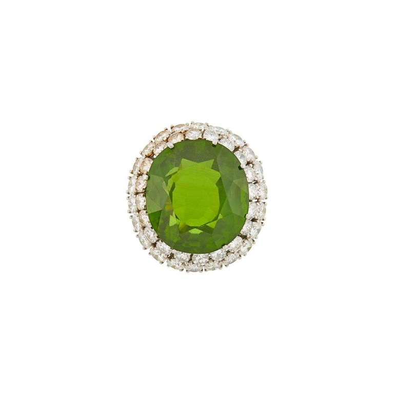 Platinum, peridot and diamond ring
