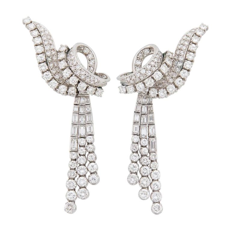 Pair of platinum and diamond pendant-earclips