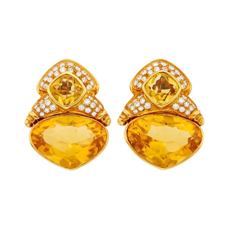 18k gold citrine diamond earclips