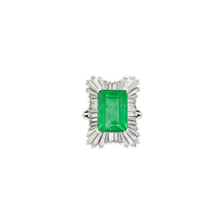 Platinum emerald and diamond ballerina ring